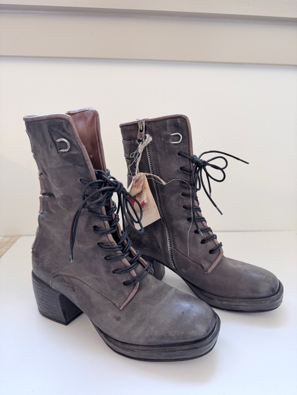 A.S.98 Leather Lace Up Combat Boots Grey Distressed Zip Size 6 EU 36 New